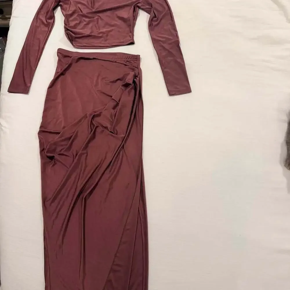 Shein Matching Long Sleeve Top and Maxi Skirt Set Size S Mauve